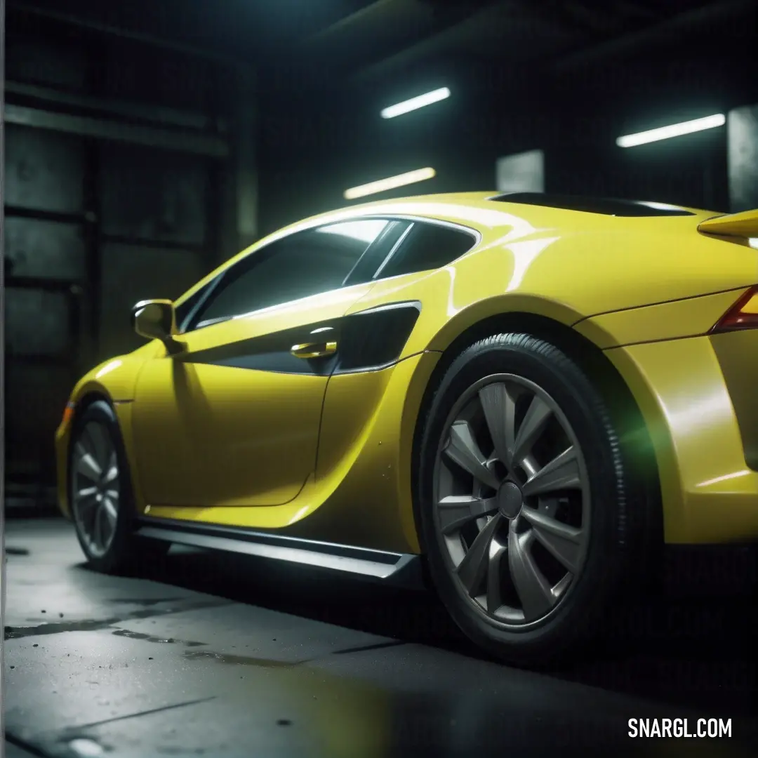 Yellow sports car parked in a garage at night time with lights on the side of it and a door open. Example of RGB 181,167,66 color.