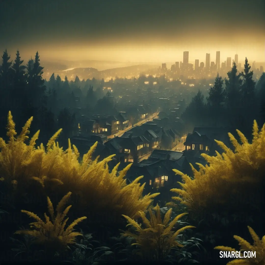 City skyline with a foggy sky and trees in the foreground. Color PANTONE 619.