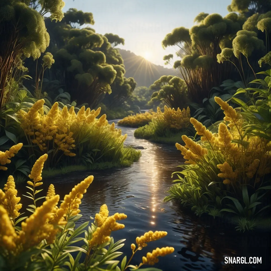 PANTONE 619 color. Painting of a river surrounded by trees and flowers with the sun shining through the trees and the water