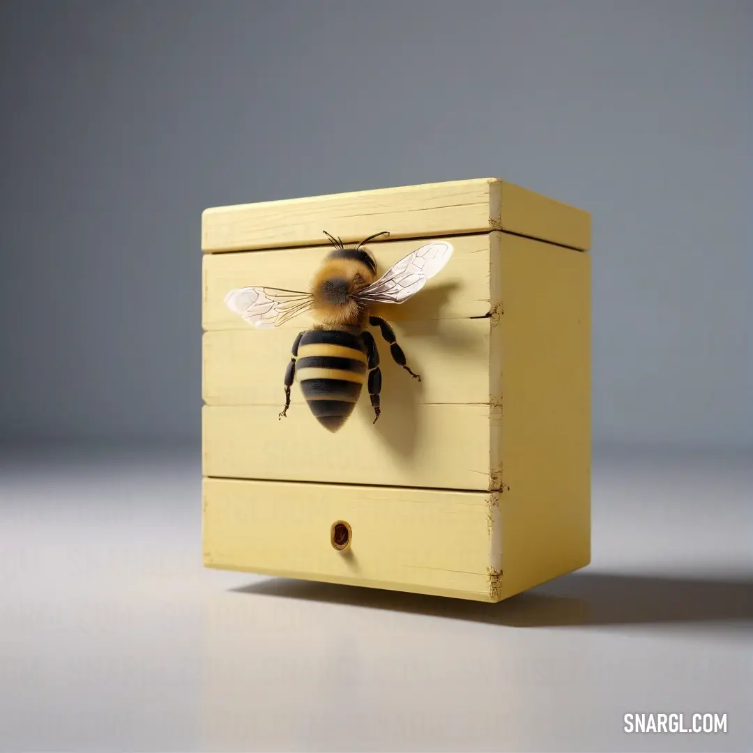 A curious bee perches on a rustic wooden box resting atop a table, surrounded by a muted gray backdrop, offering an enchanting glimpse into the world of nature and its delicate creatures.