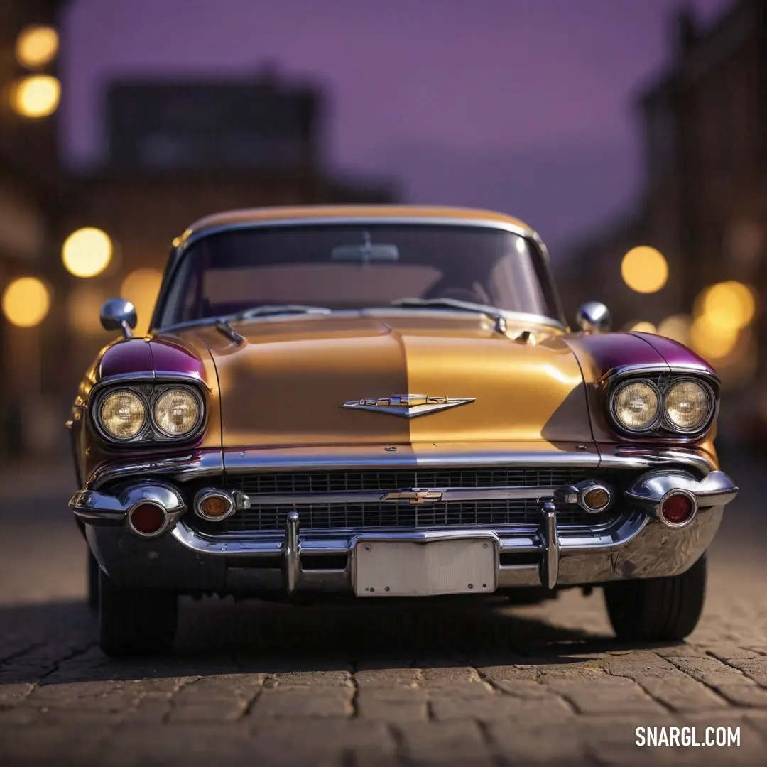 A classic vintage car radiates nostalgia, parked on a cobblestone street illuminated by soft lights from nearby buildings. The mixture of historical architecture and evening ambiance creates an inviting atmosphere filled with memories.