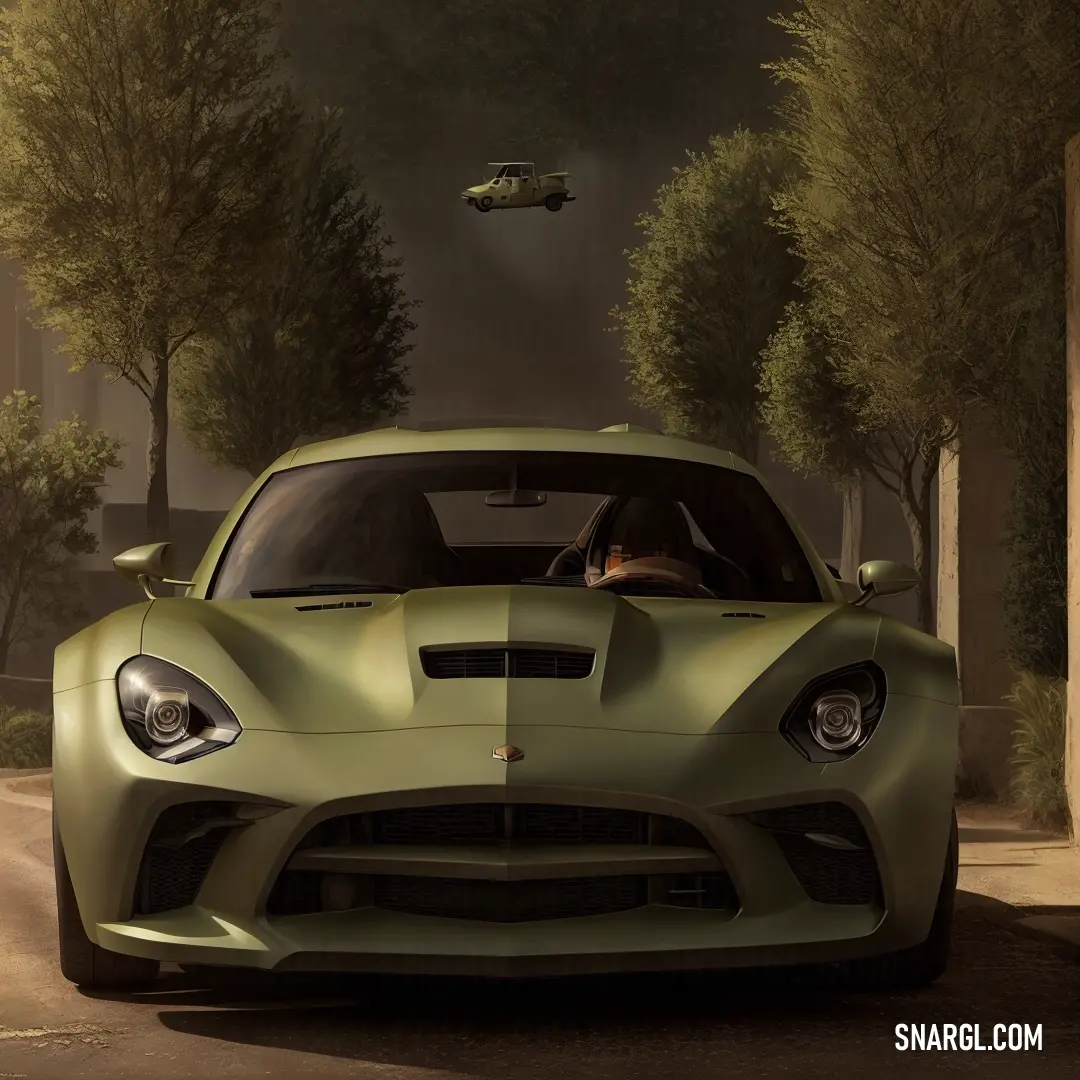 A green sports car speeds down a vibrant city street, with trees lining the road and a modern building in the background. A plane soars overhead, completing the picture of fast-paced urban life and exhilarating energy.