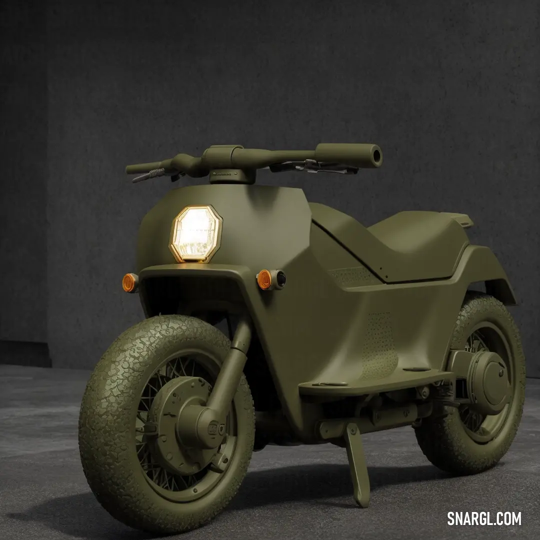 A green motorcycle sits parked in a dimly lit room, its headlight glowing brightly in the darkness. The smooth concrete floor contrasts with the bike's striking design, creating an atmosphere of mystery and quiet intensity.