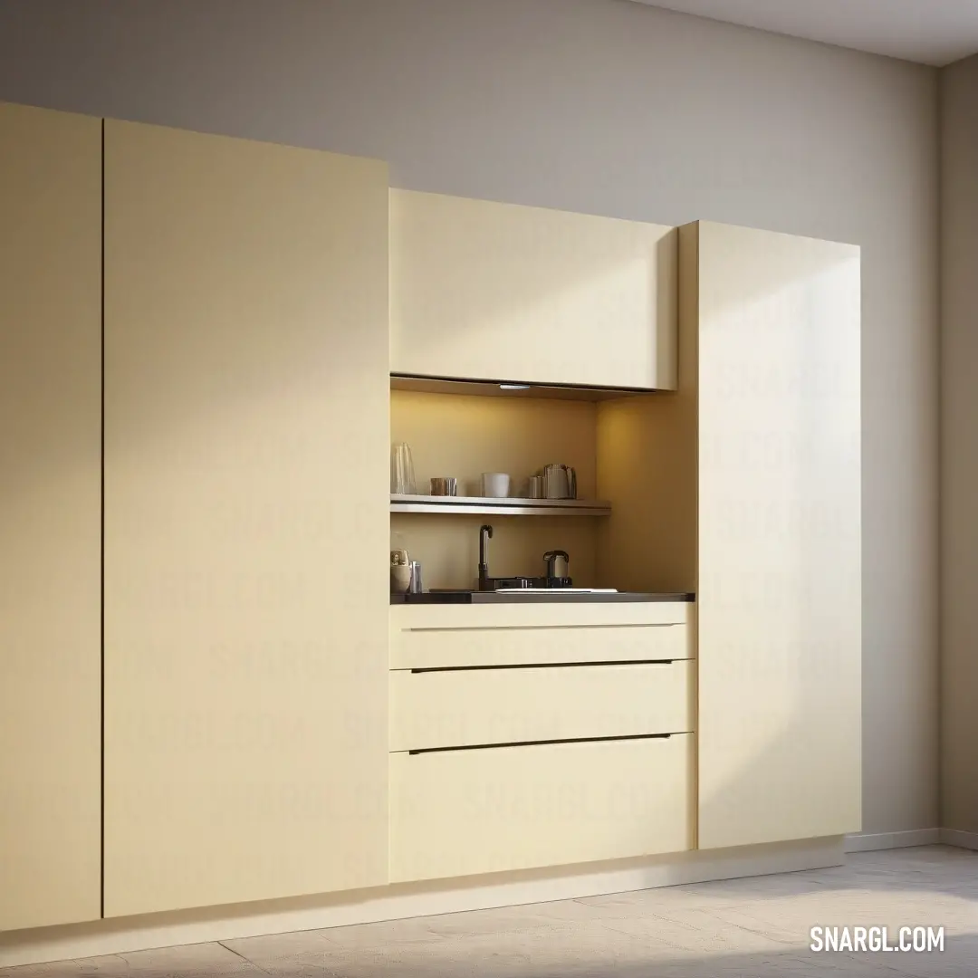 A cozy kitchen scene unfolds, featuring a well-kept sink and cupboard nestled in a corner, with a window that invites golden light and fresh air from the outside, creating a warm atmosphere.