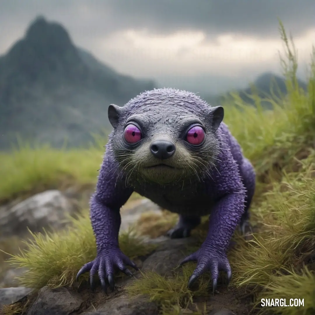 An intriguing purple creature with striking red eyes stands confidently on a rock, surrounded by lush grass and breathtaking mountains. This scene encapsulates the essence of PANTONE 620, merging fantasy with the awe of nature.