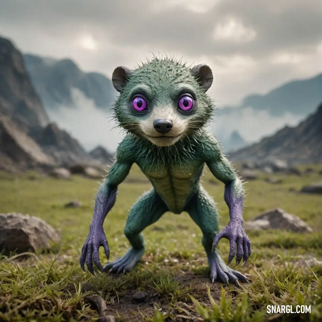 A unique creature with striking purple eyes stands vividly against the grassy field, overlooked by imposing mountains. This enchanting being serves as an illustration of the subtle beauty of PANTONE 620 color, suggesting a world of wonder hidden in nature