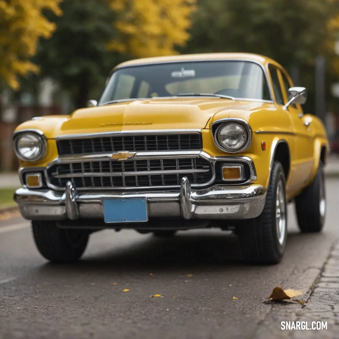 A delightful yellow car is parked on a serene street lined with trees, their leaves glowing golden in the autumn light. This idyllic setting captures the essence of cozy fall moments and the beauty of nature's changing palette.