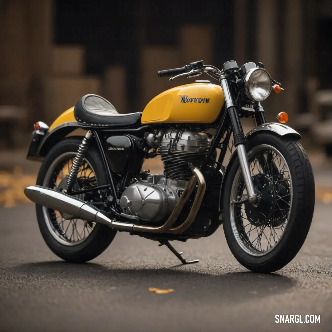 A vibrant yellow motorcycle gleams under the sun, parked beside a quaint building that proudly displays the word 