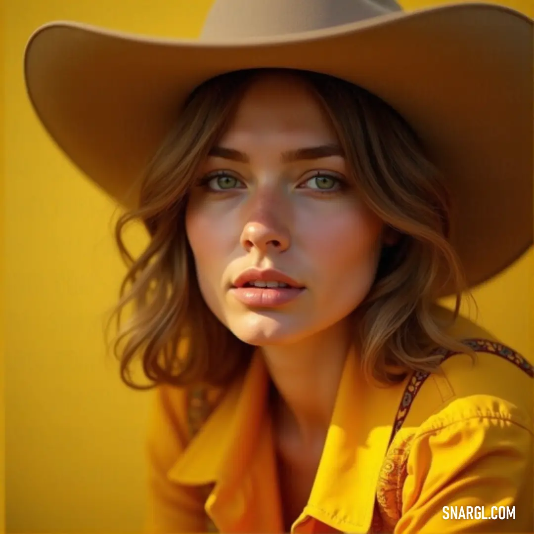 A woman dressed in a yellow shirt and a cowboy hat, exuding a casual, confident vibe. The PANTONE 620 color adds a sense of warmth and earthy charm to the scene.