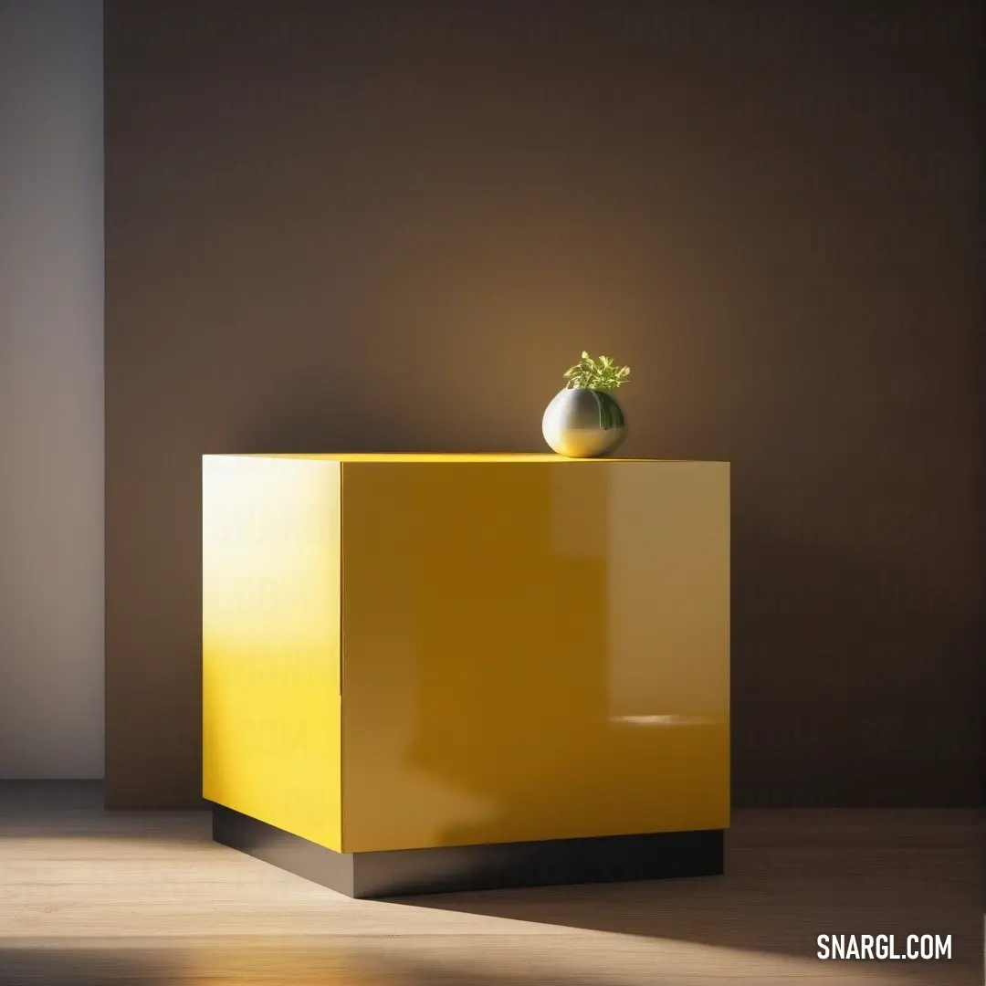 A soft yellow cabinet provides the perfect base for a delicate vase, set in a sunlit room where light filters through a window, creating a warm ambiance that invites serenity and calm.