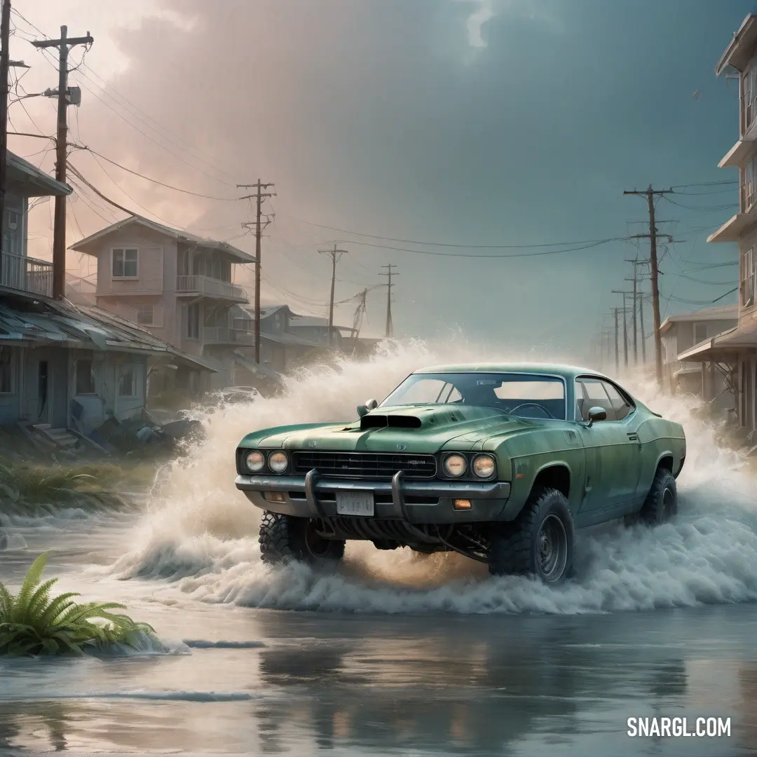 PANTONE 623 color. Green car driving through a flooded street in a city with power lines and telephone poles in the background