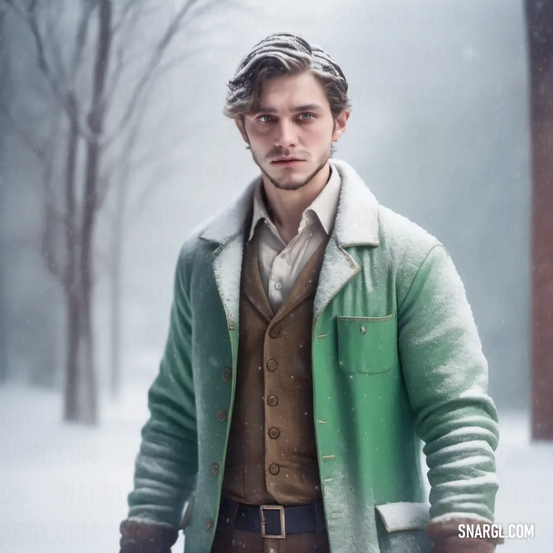 Man in a green coat and a brown vest standing in the snow with his hands in his pockets. Example of RGB 162,191,175 color.