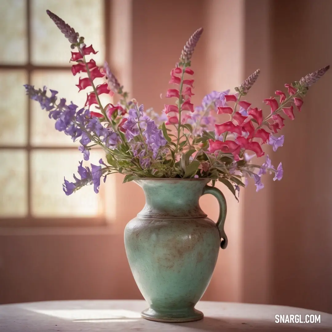 Vase with flowers in it on a table next to a window with a window sill behind it. Example of CMYK 37,4,26,10 color.