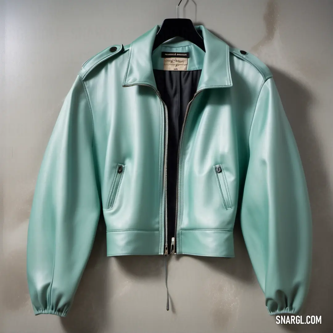 Green leather jacket hanging on a wall with a black shirt underneath it and a black shirt underneath it. Color CMYK 48,8,34,20.