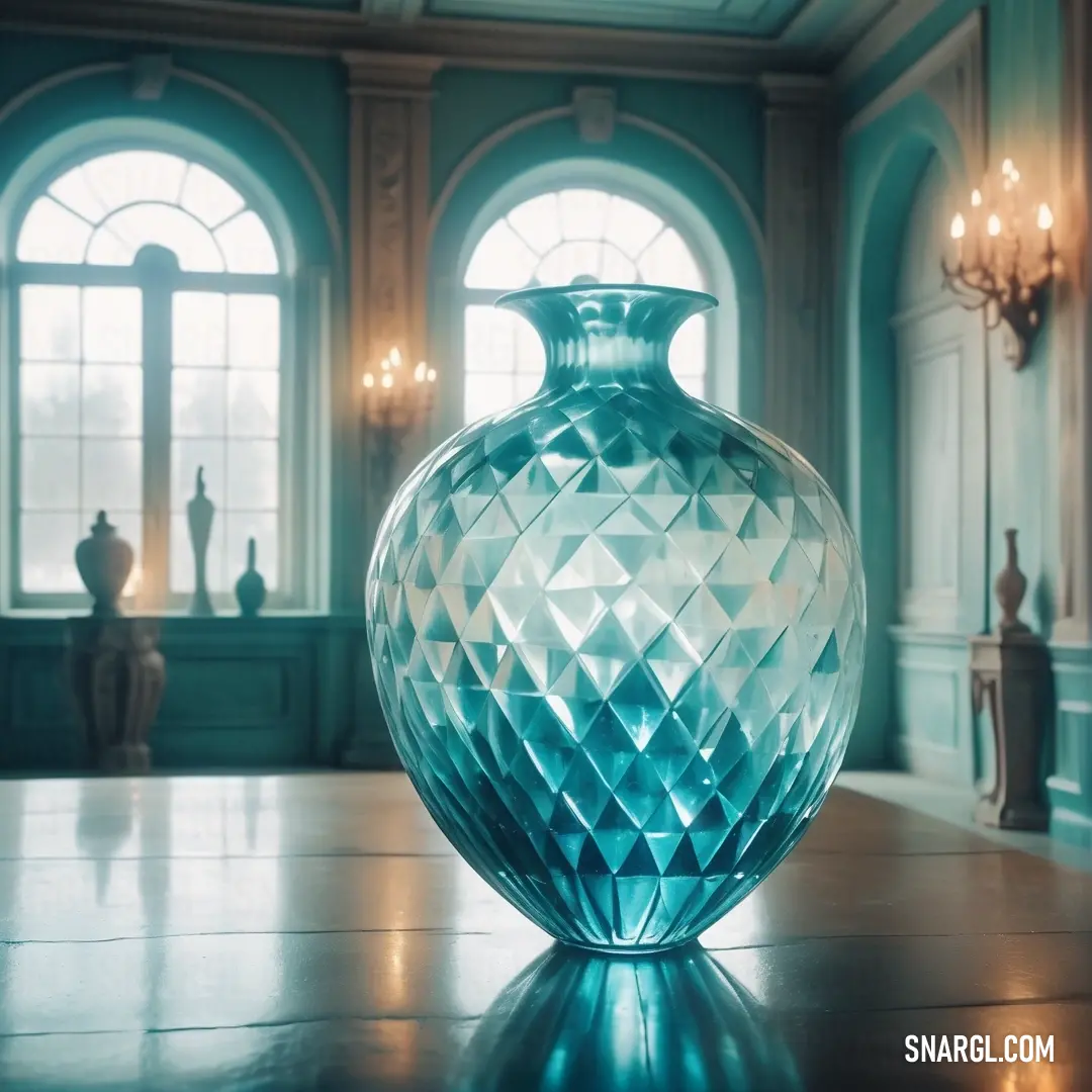 PANTONE 624 color example: Large blue vase on top of a wooden table in front of two windows with chandeliers