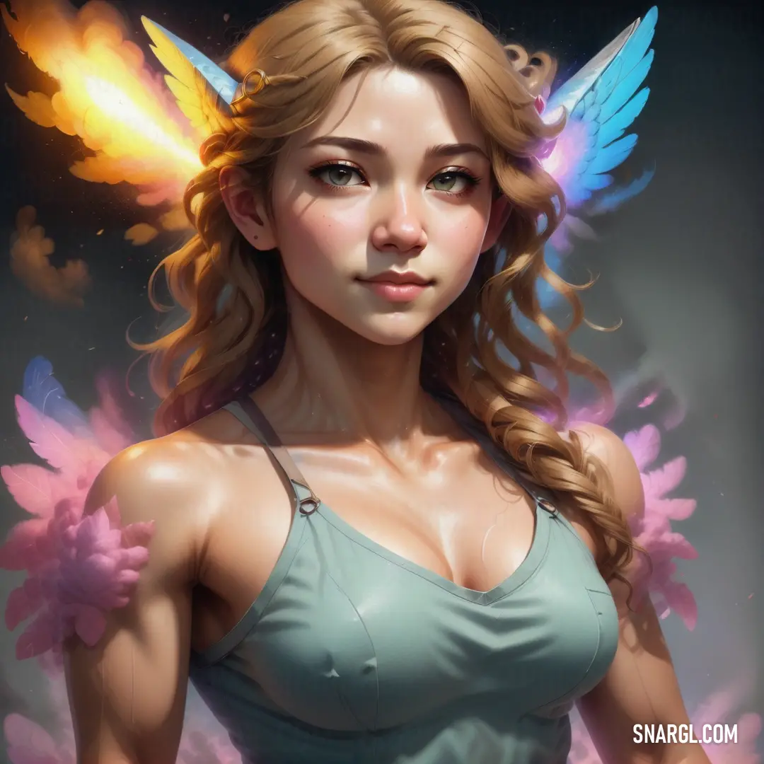 Woman with a butterfly wings on her head and a blue shirt on her chest. Example of CMYK 48,8,34,20 color.