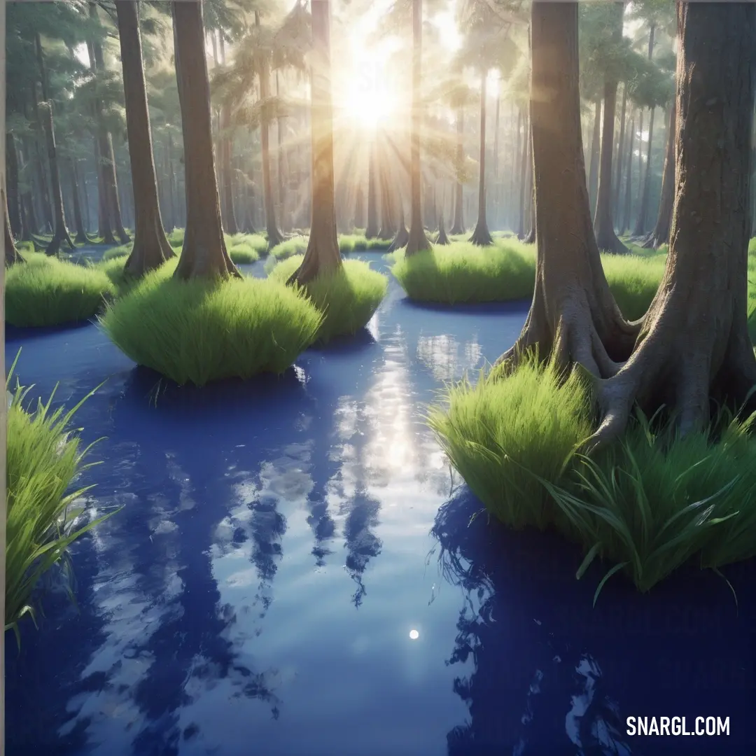 River running through a forest with tall trees and grass on the sides of it and a sun shining through the trees