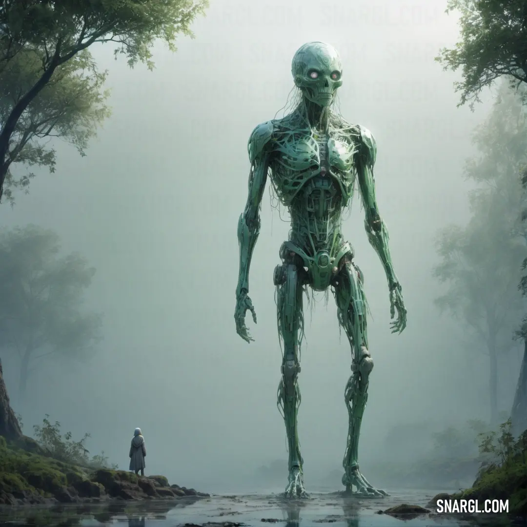 Humanoid standing in the middle of a forest with a man standing next to it in the background. Example of RGB 58,106,88 color.