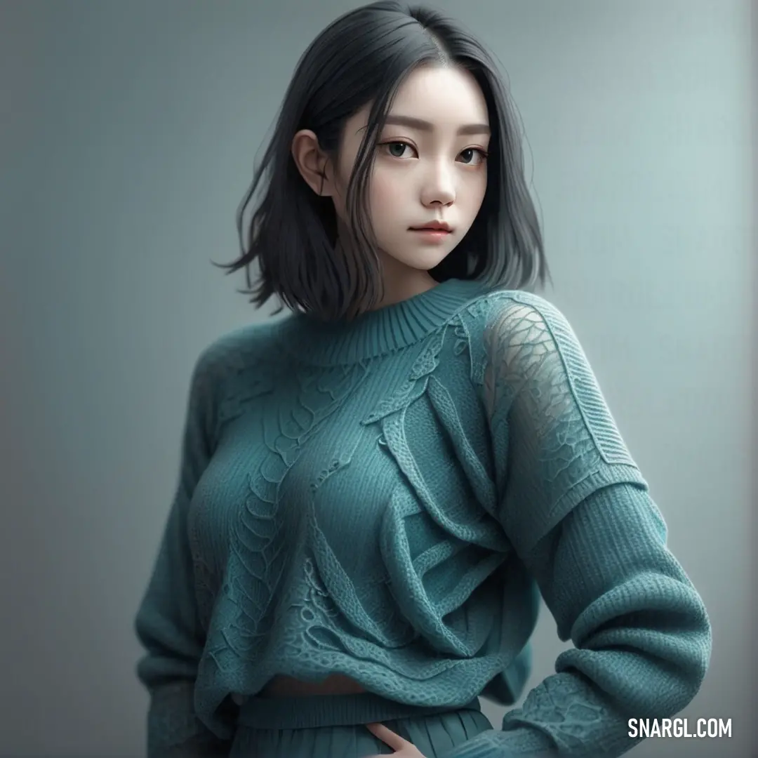 Woman in a green sweater poses for a picture with her hands on her hips and her hands on her hips. Color CMYK 80,18,56,54.