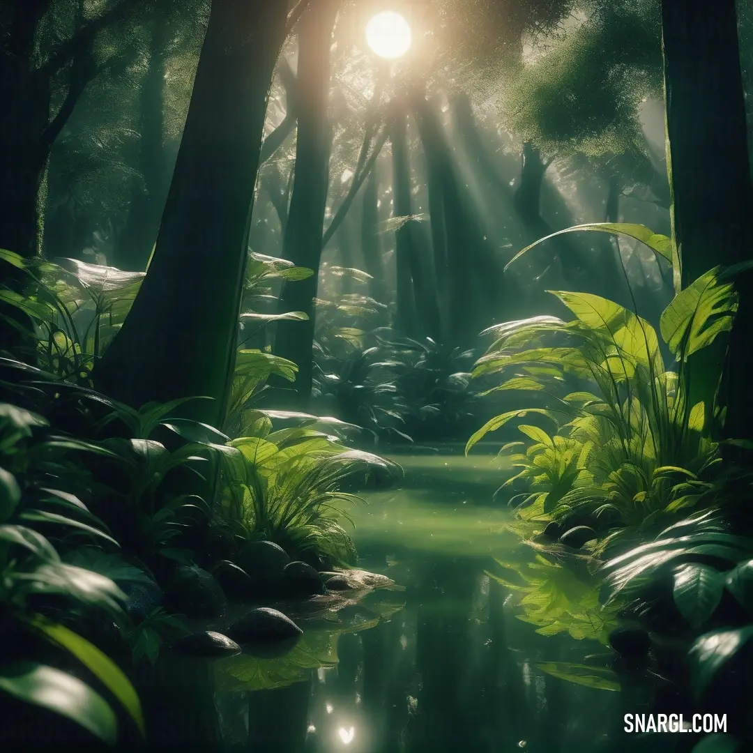 Forest with a stream and sun shining through the trees and grass on the ground and a light shining through the trees
