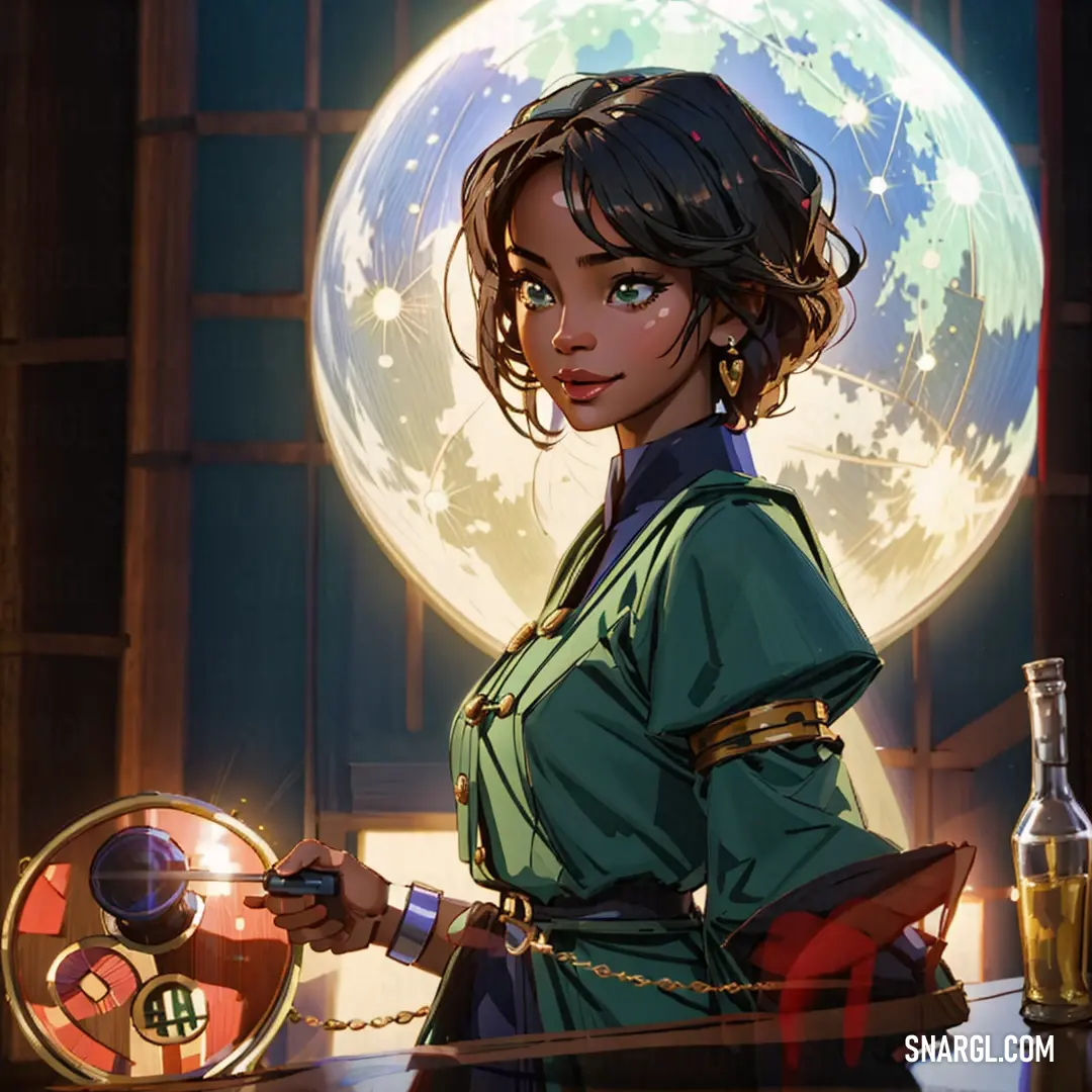 Woman in a green dress holding a sword and a bottle of wine in front of a moon filled sky. Color RGB 32,62,53.