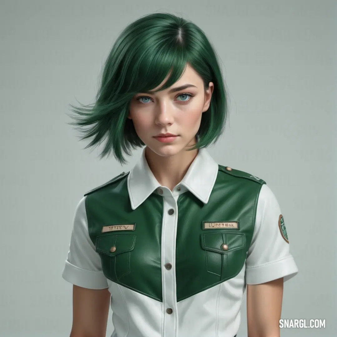 Woman with green hair and a white shirt is wearing a green and white shirt and a green and white collar. Color CMYK 93,33,68,85.