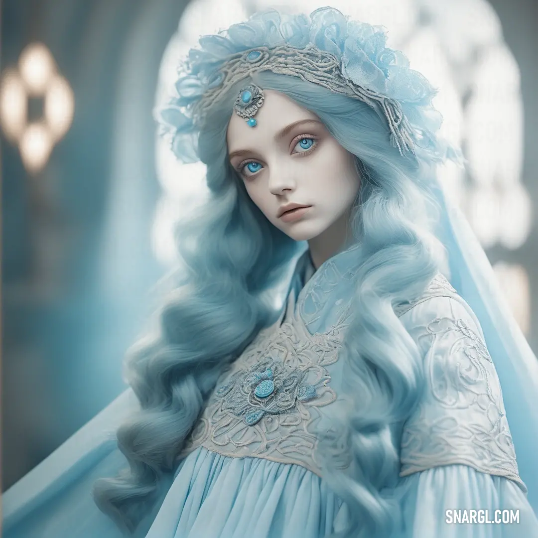 Doll with blue hair and a blue dress with a veil on it's head and a blue dress