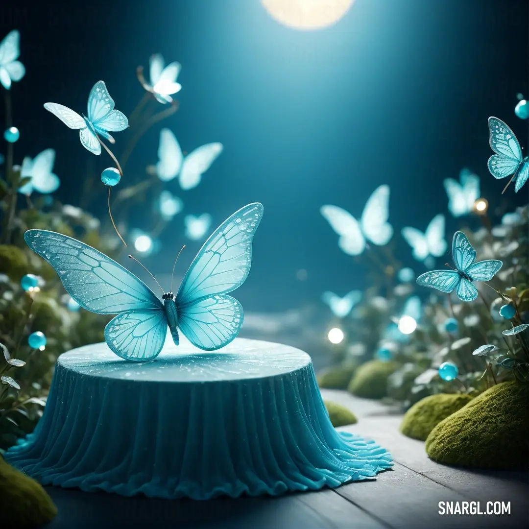 Blue cake with a butterfly on top of it in the middle of a forest with a full moon. Color #A5D5DC.