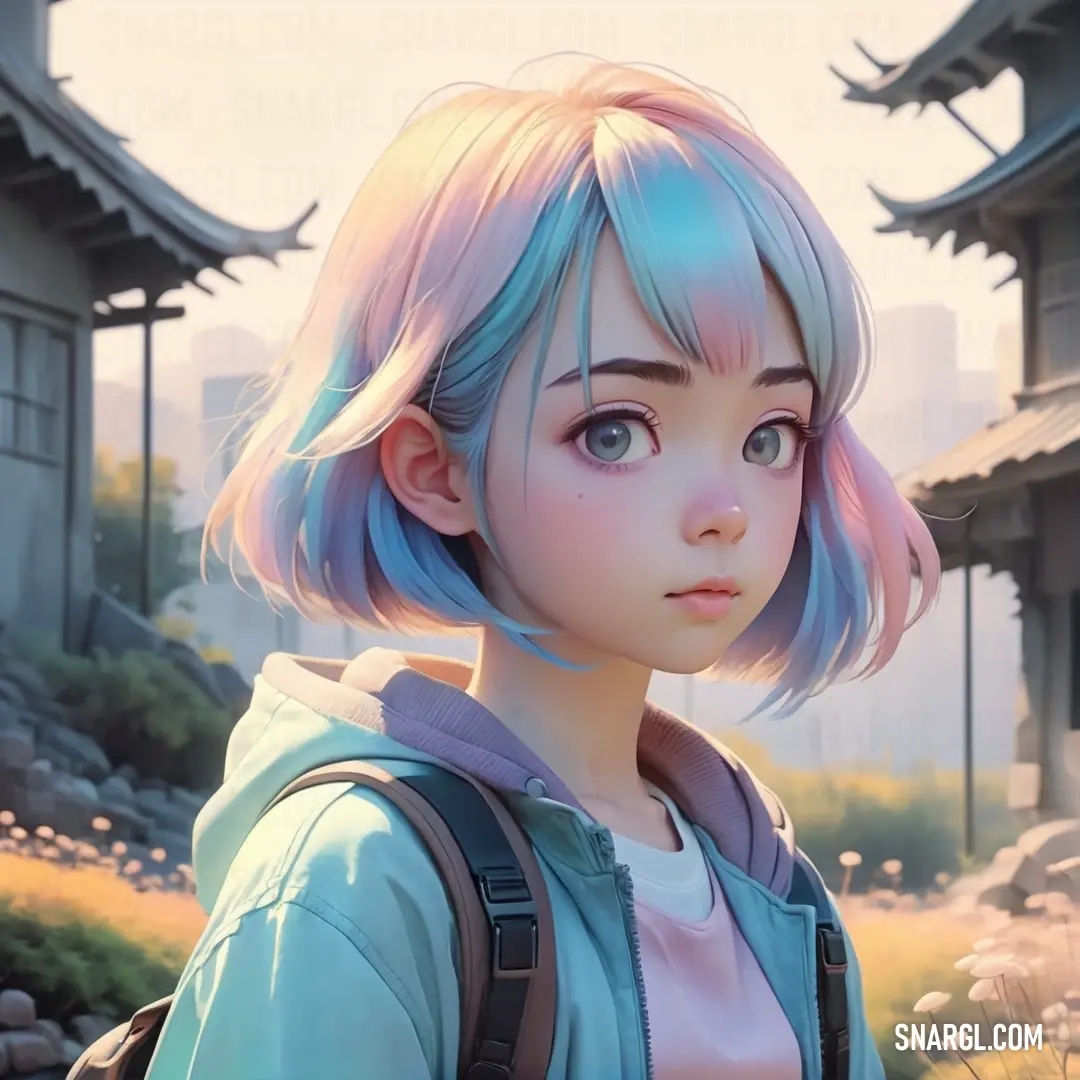 Girl with blue hair and a backpack in a anime scene with a building in the background. Color RGB 165,213,220.