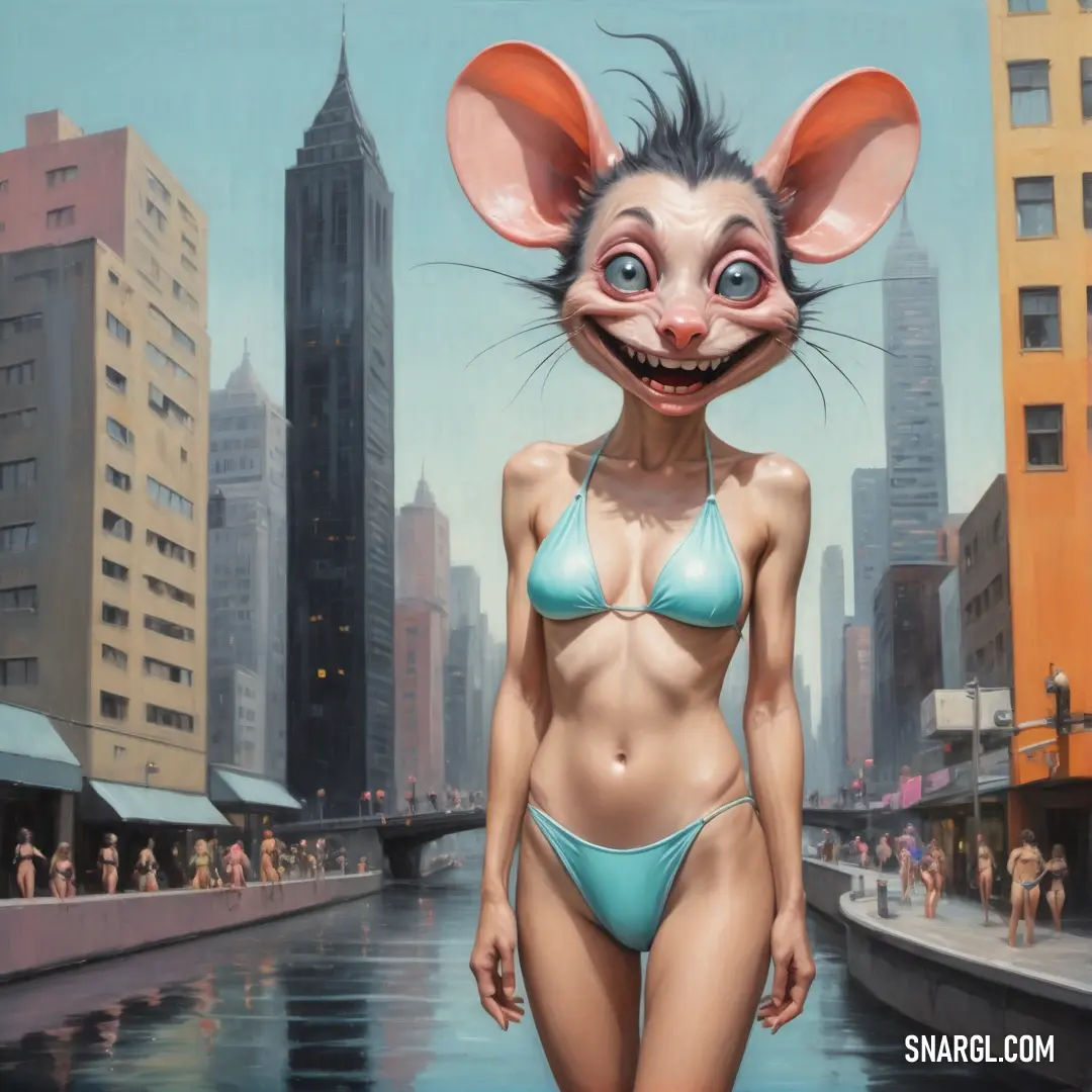 Painting of a woman in a bikini with a rat face on her head and a cityscape in the background. Color CMYK 36,0,9,0.