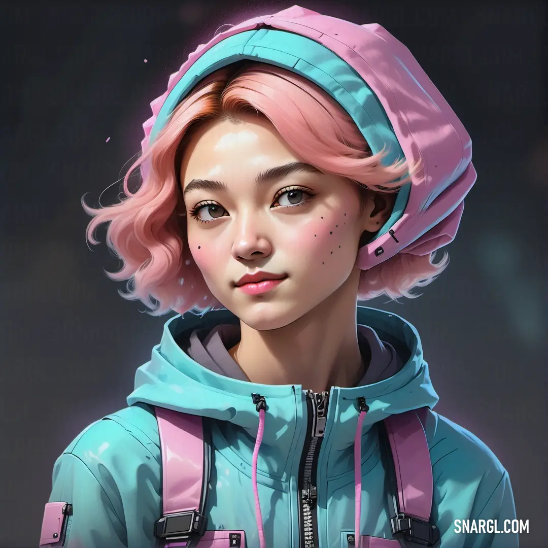 PANTONE 630 color. Girl with pink hair and a blue jacket and a pink hat on her head and a pink backpack on her shoulder