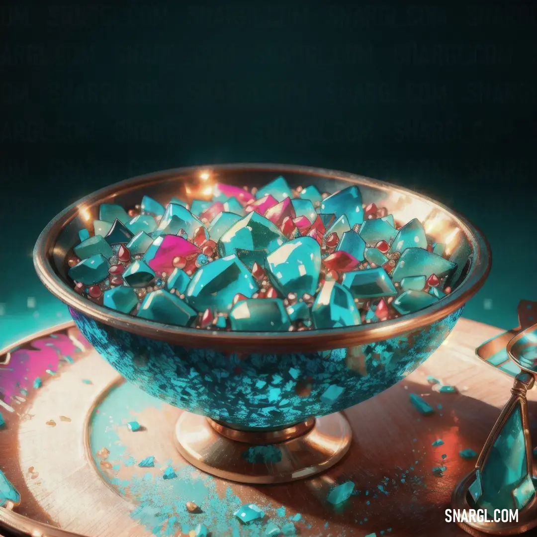 PANTONE 631 color example: Bowl of blue and pink glass beads on a tray with a spoon and spoon rest on the plate