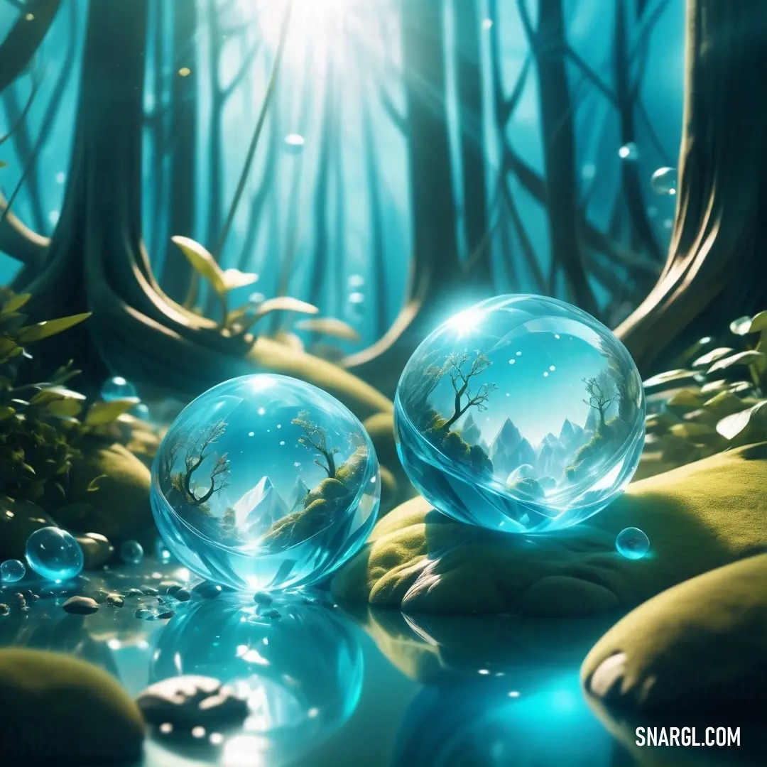 Painting of two bubbles floating in a forest with moss and rocks on the ground and a sun shining through the trees