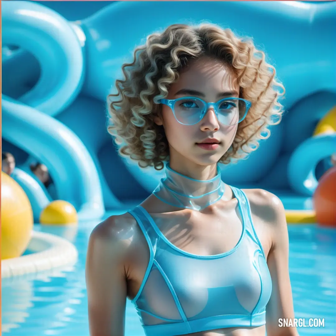Woman with glasses and a bra top in a pool of water with a blue background. Color #29B5CF.