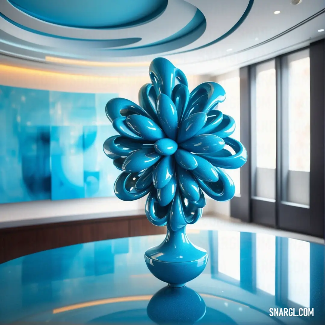 Blue vase on top of a table in a room with a circular ceiling and a blue wall. Color PANTONE 632.