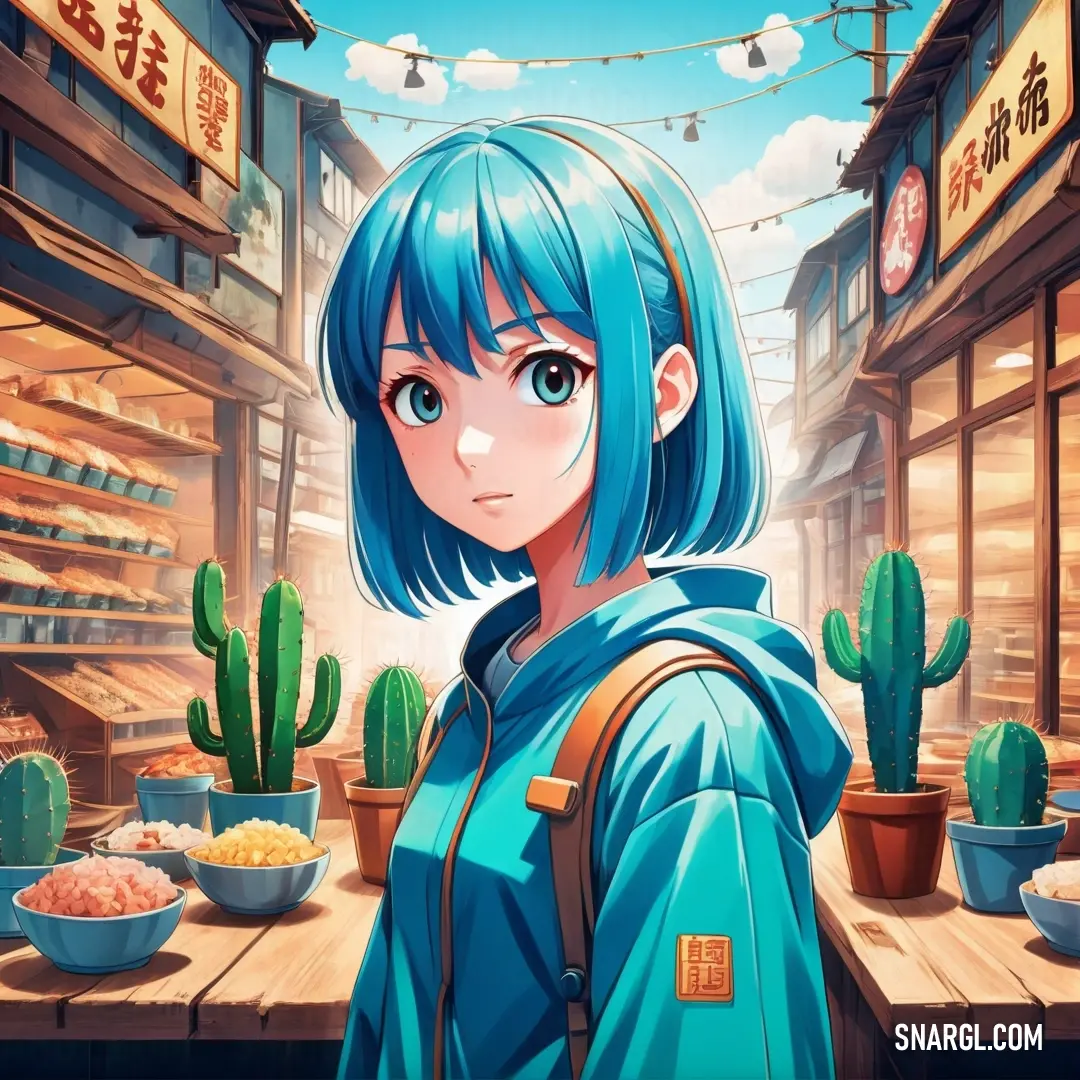 Girl with blue hair standing in front of a table with sushi and cactuses in a store. Color #009ABB.