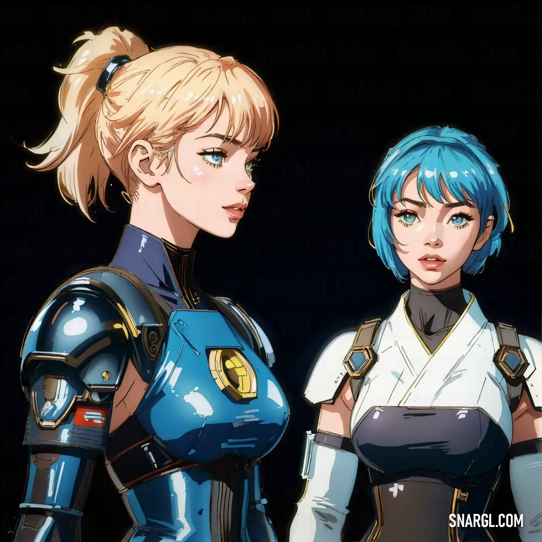 Two women in futuristic outfits standing next to each other. Example of RGB 0,154,187 color.