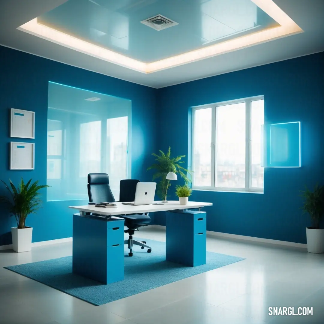 PANTONE 634 color. Blue office with a desk and chair in it and a potted plant in the corner of the room