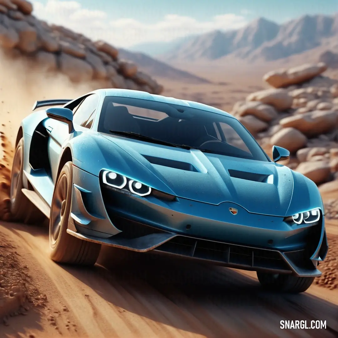Blue sports car driving on a dirt road in the desert with rocks and sand behind it and a mountain in the background