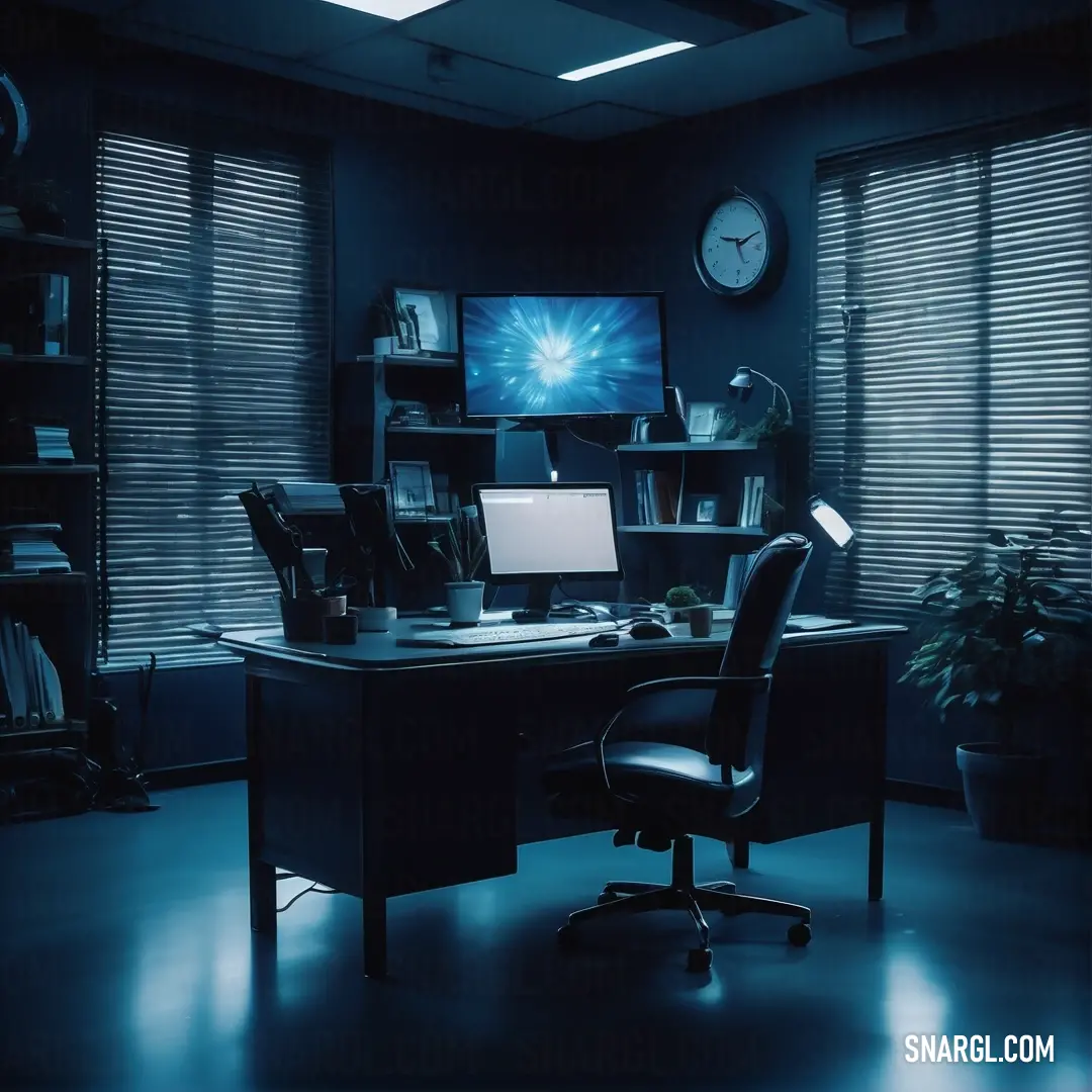 Dark office with a desk and a chair and a clock on the wall and a window with blinds. Color #006D90.