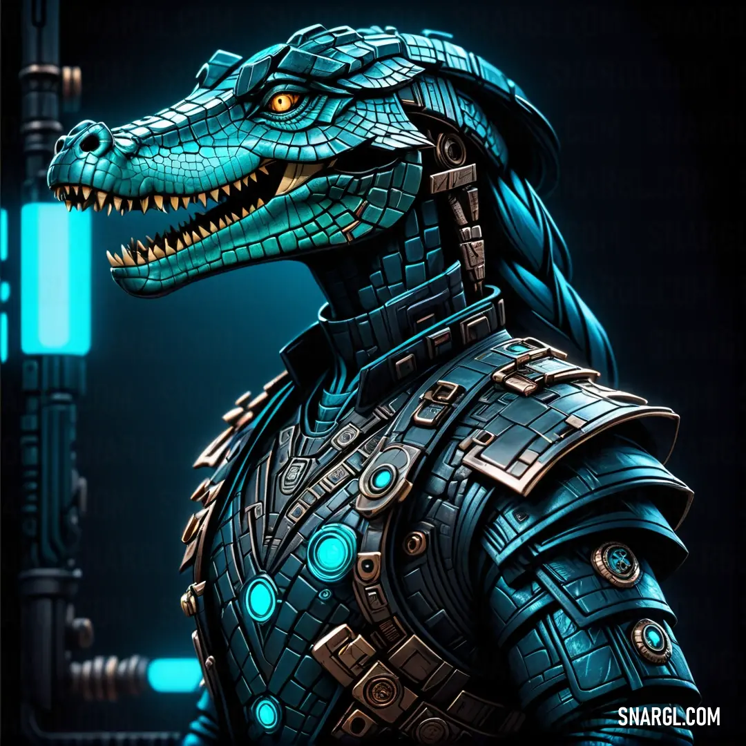 Digital painting of a dinosaur in a futuristic suit with glowing eyes and a glowing head. Color PANTONE 634.
