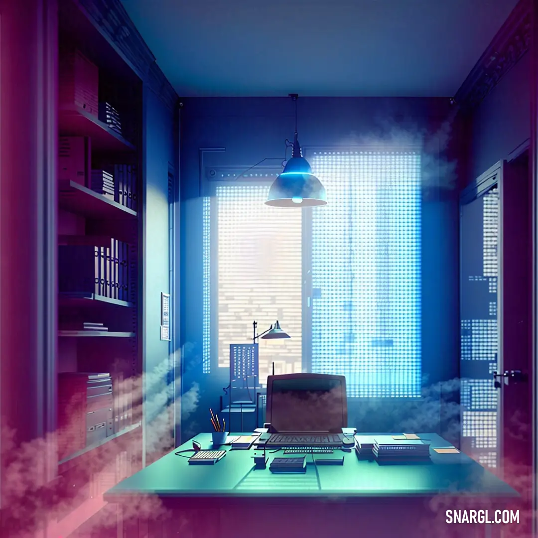 Room with a desk, a chair and a book shelf in it with a blue and pink background. Color RGB 0,109,144.