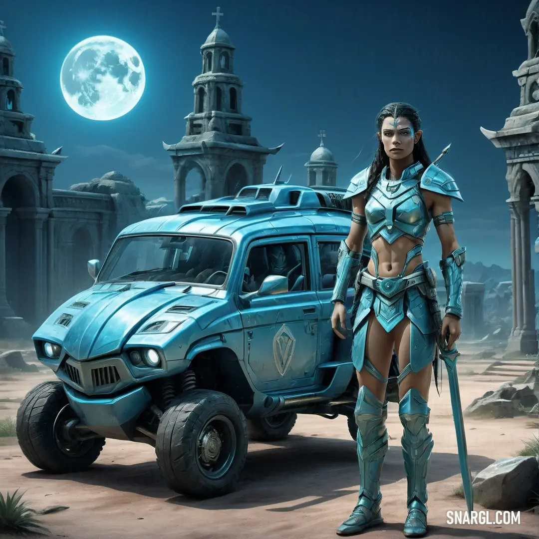 PANTONE 634 color example: Woman in a blue outfit standing next to a blue vehicle in a desert area with a full moon in the background