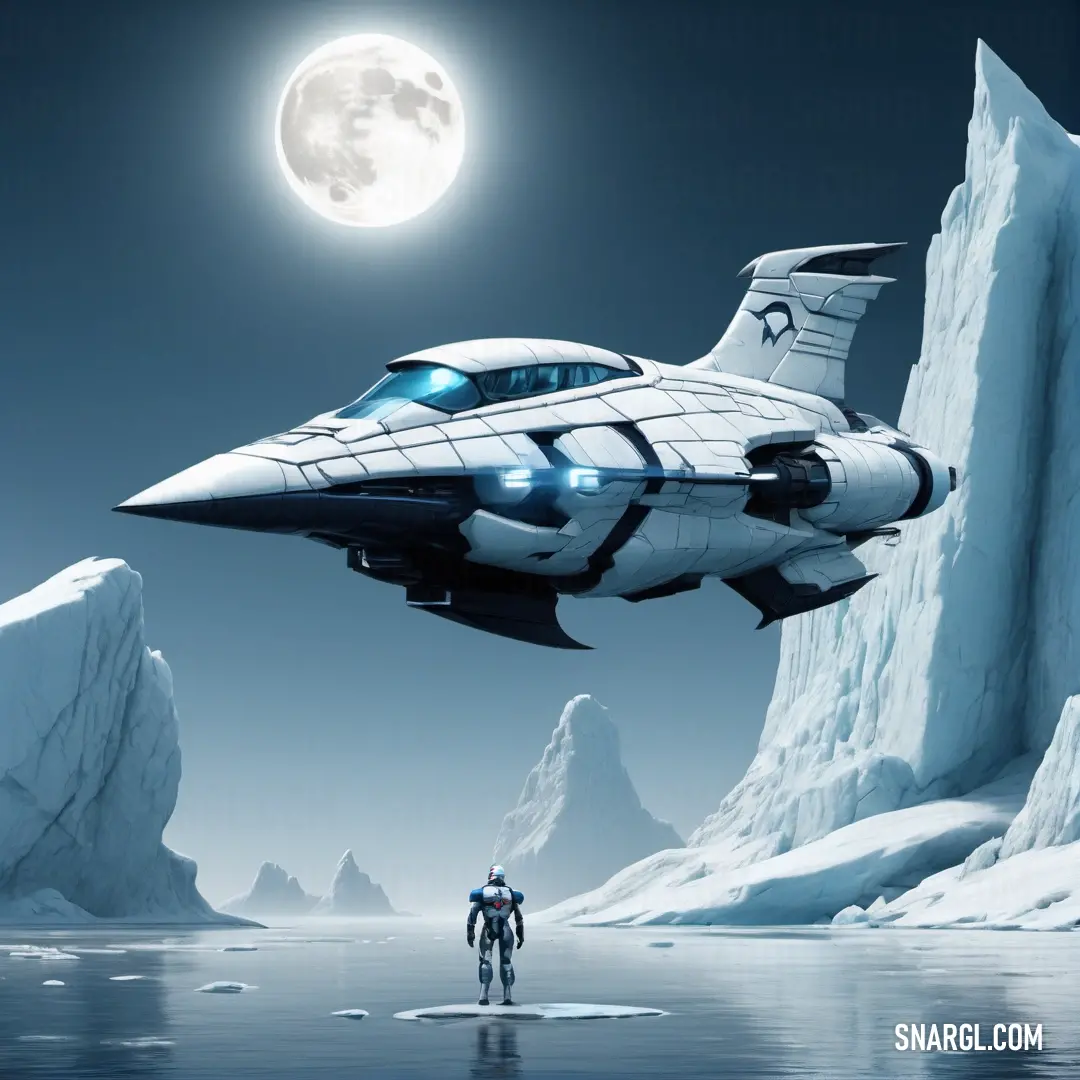 Man standing in the water next to a jet in the sky with a moon in the background and icebergs in the water. Example of RGB 182,220,228 color.