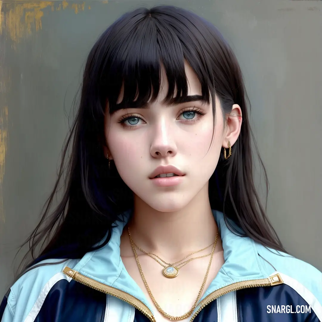 Woman with long black hair wearing a blue jacket and gold necklace and earrings. Color #B6DCE4.