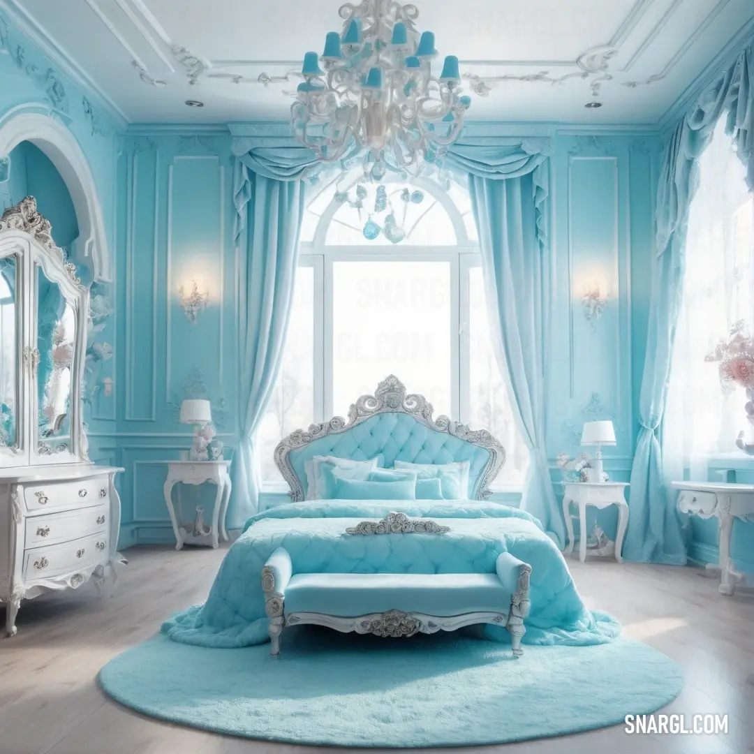Bedroom with a blue bed and a chandelier in it's centerpieces and a chandelier hanging from the ceiling. Color PANTONE 636.