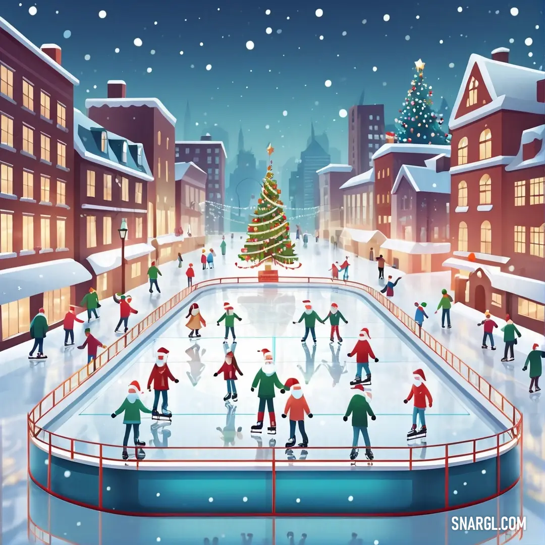 PANTONE 636 color example: Group of people skating on an ice rink in a city at christmas time with a christmas tree on the top