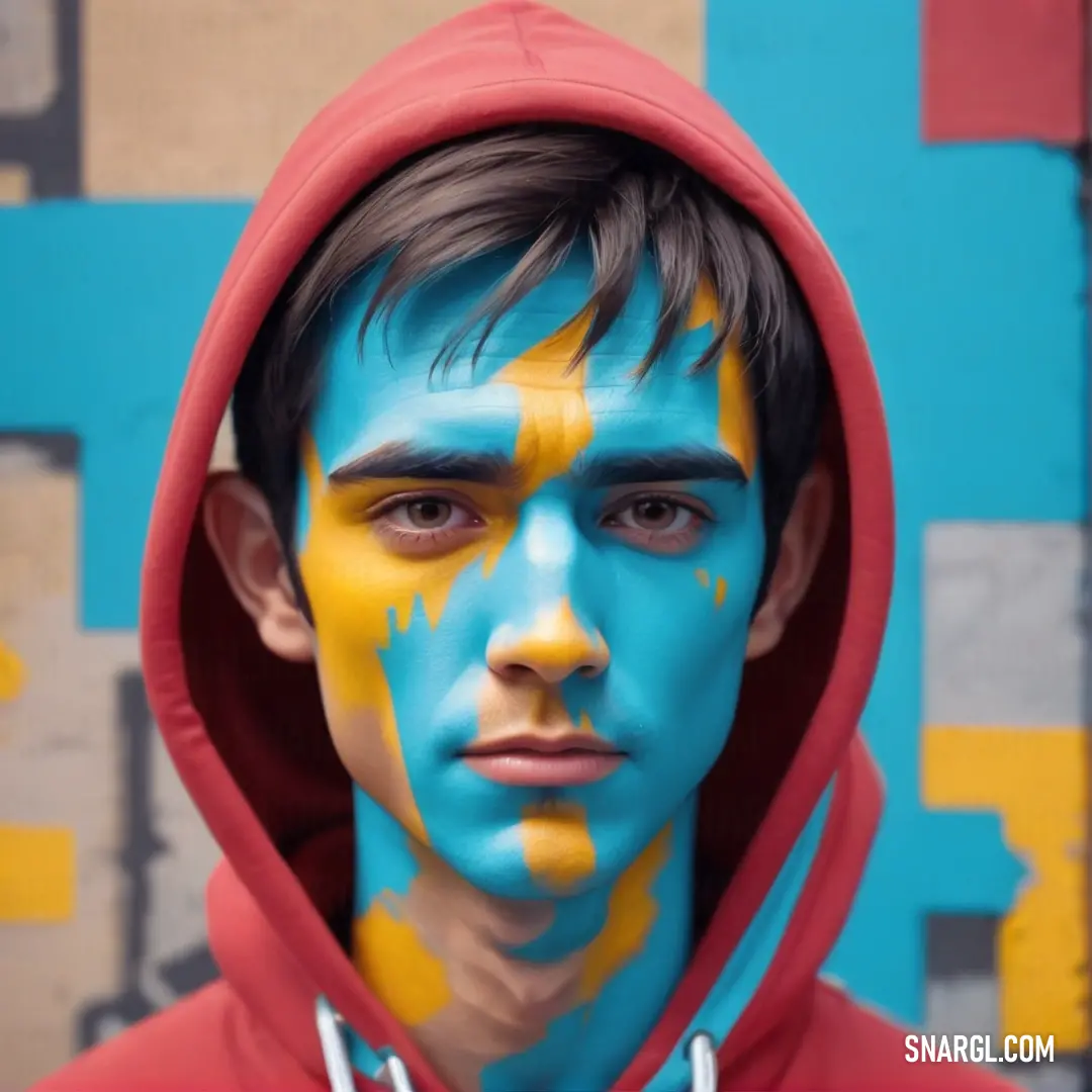 Man with a painted face and hoodie on. Color PANTONE 637.