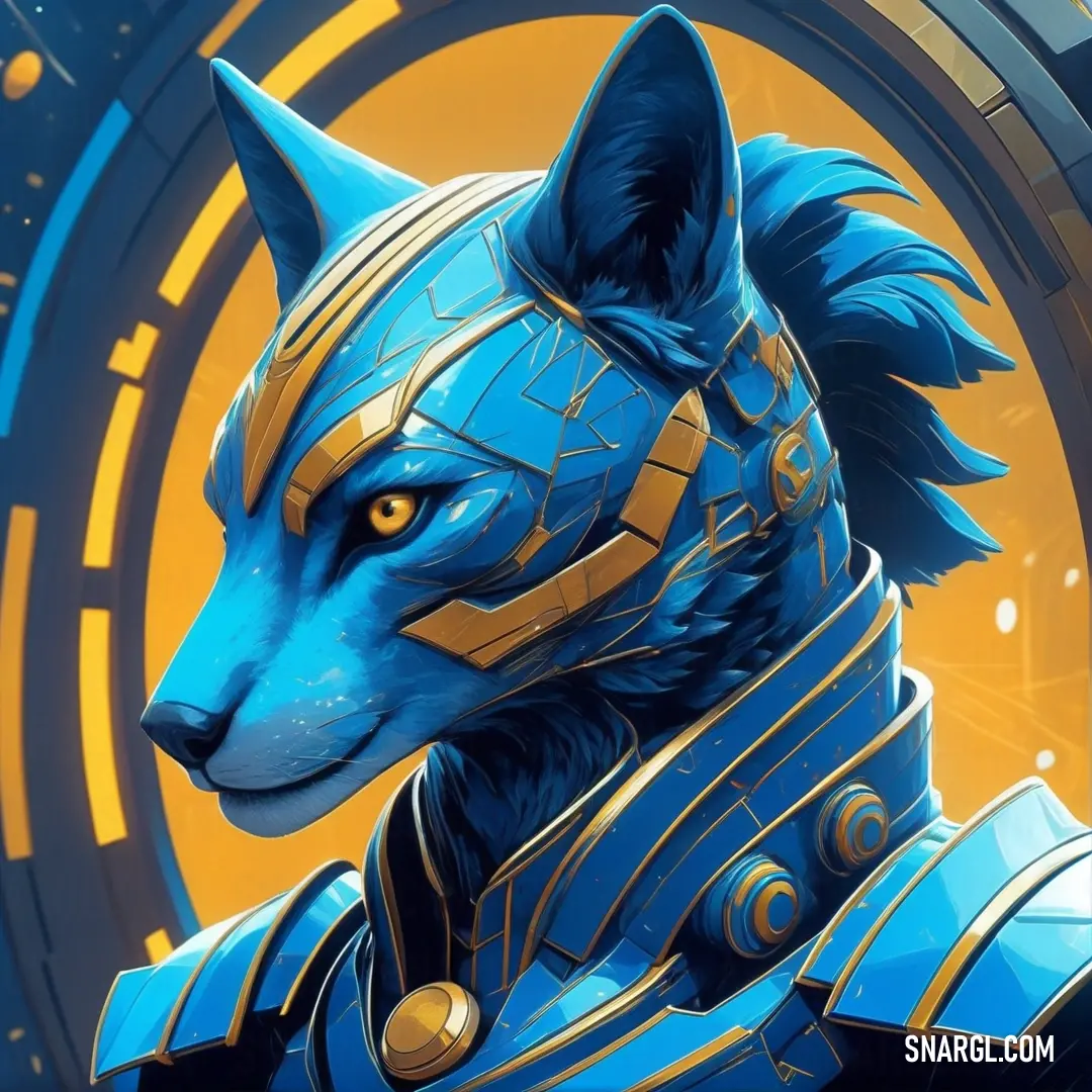 Blue and gold dog wearing a blue suit and helmet with a yellow background. Example of #00ADD7 color.