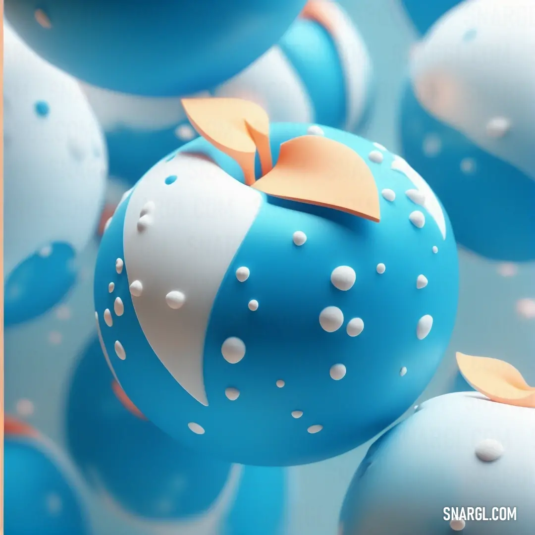 Bunch of blue and white balls with orange bows on them and a blue apple with an orange bow. Color PANTONE 638.